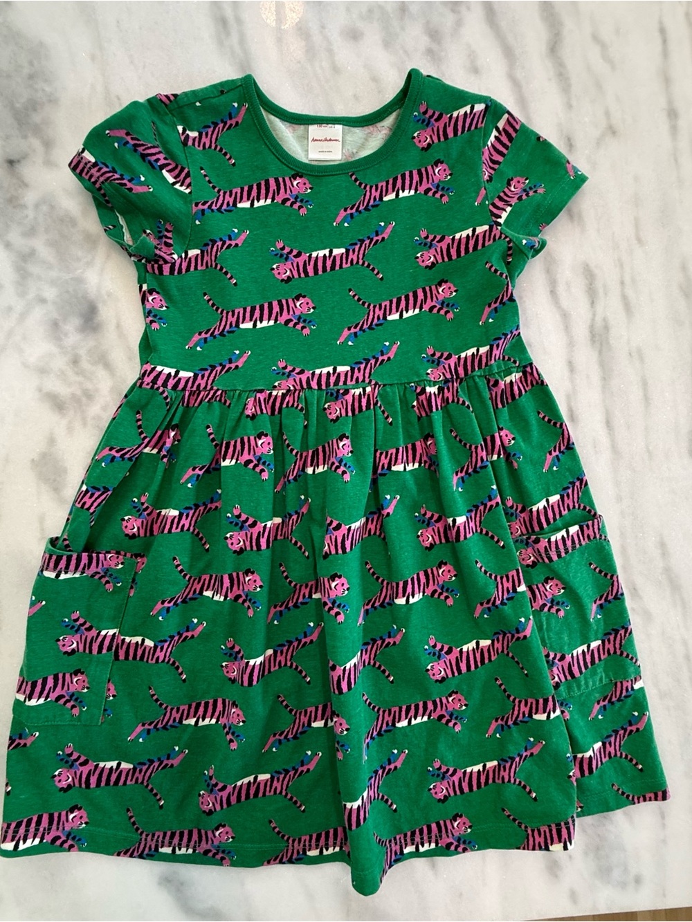 Hanna Andersson Green Cotton Dress with Pink Tiger Print